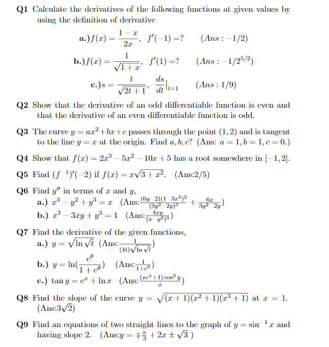 Solved Q1 Calculate the derivatives of the following | Chegg.com