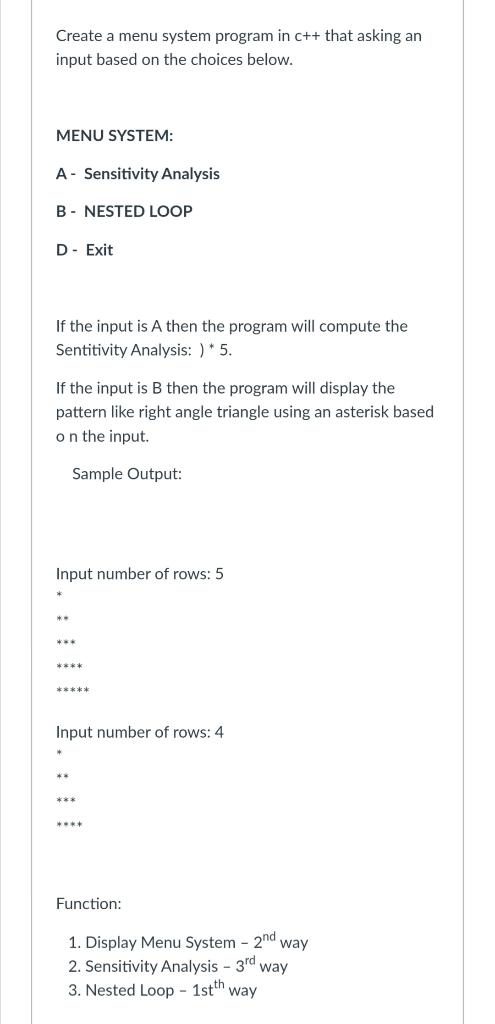 Solved Create a menu system program in c++ that asking an | Chegg.com
