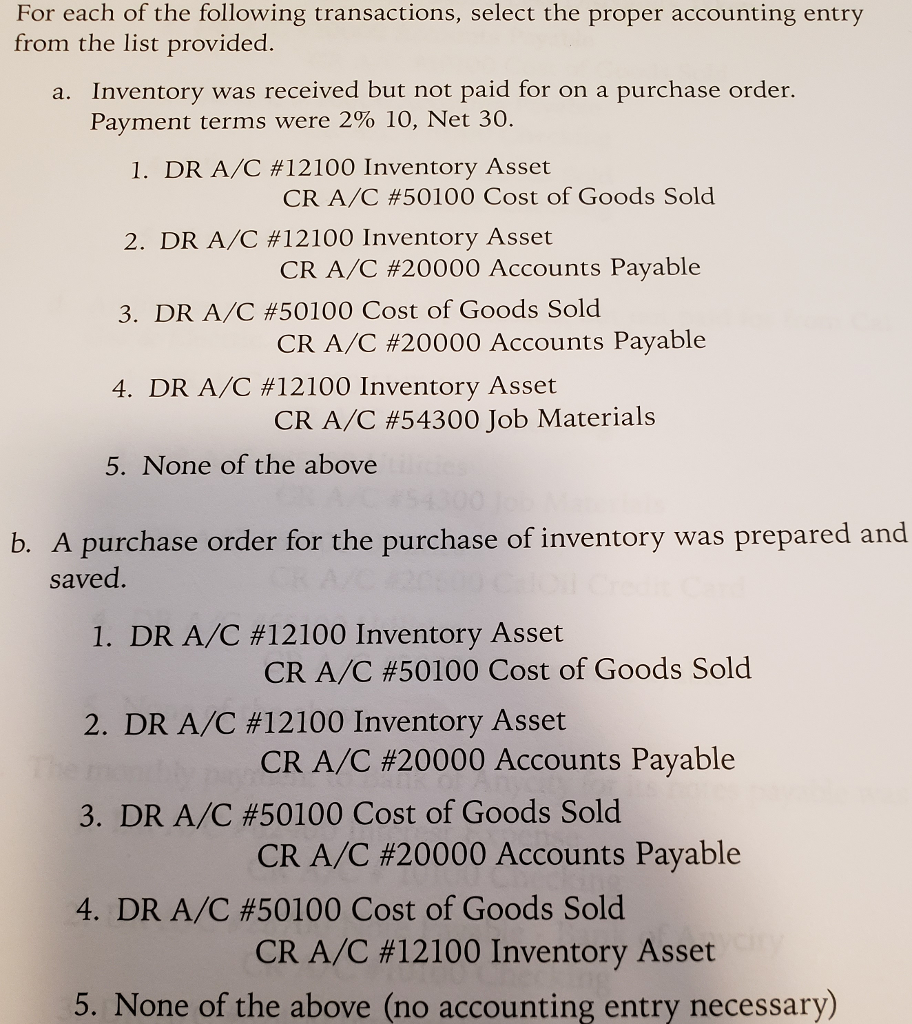 Solved For each of the following transactions, select the | Chegg.com