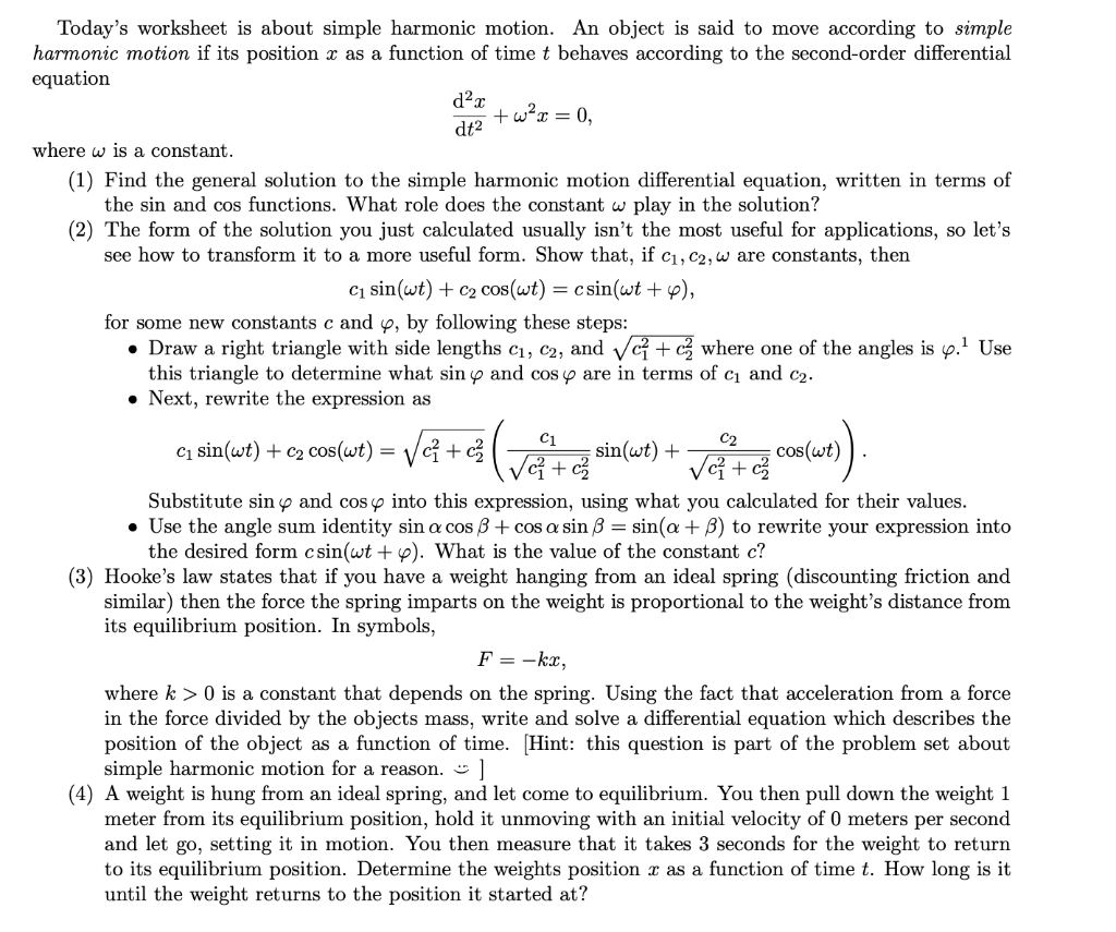 Solved Today's worksheet is about simple harmonic motion. An | Chegg.com