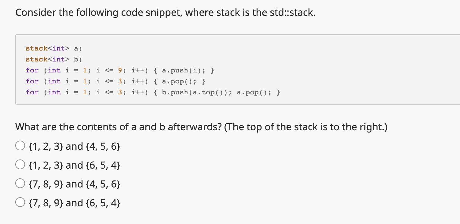 Solved Consider The Following Code Snippet, Where Stack Is | Chegg.com