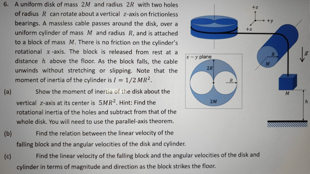 Solved A uniform disk of mass 2M and radius 2R with two | Chegg.com
