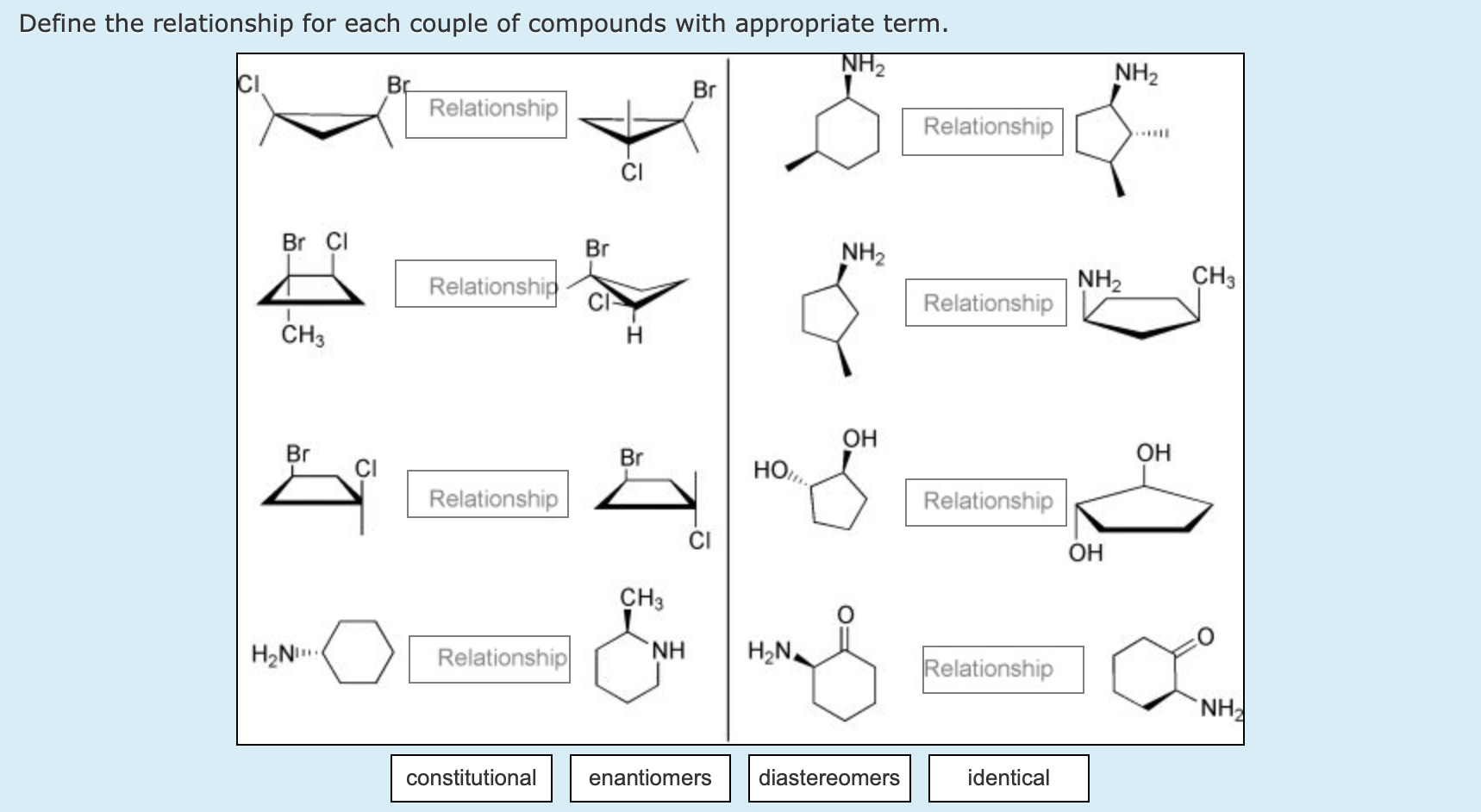 Solved Define the relationship for each couple of compounds | Chegg.com