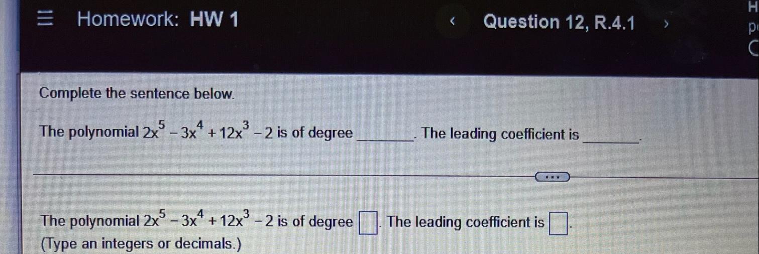 Solved H = Homework: HW 1 Question 12, R.4.1 No C Complete | Chegg.com