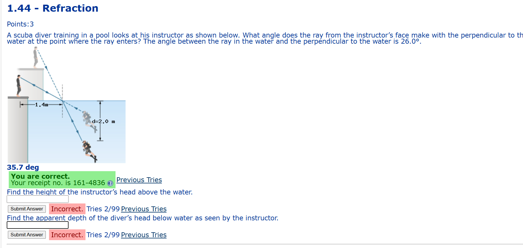 1.44 - ﻿RefractionPoints: 3A scuba diver training in | Chegg.com