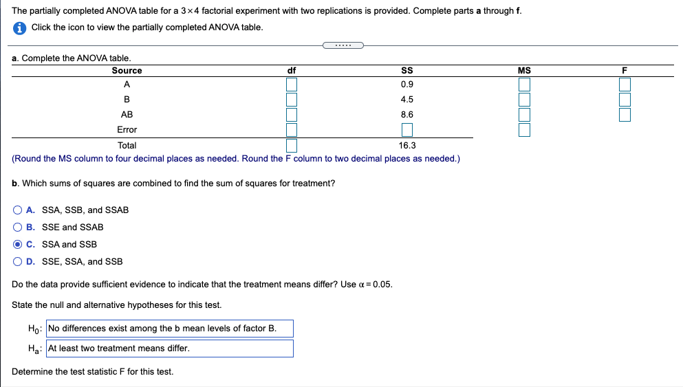 Solved The partially completed ANOVA table for a 3 x 4 | Chegg.com