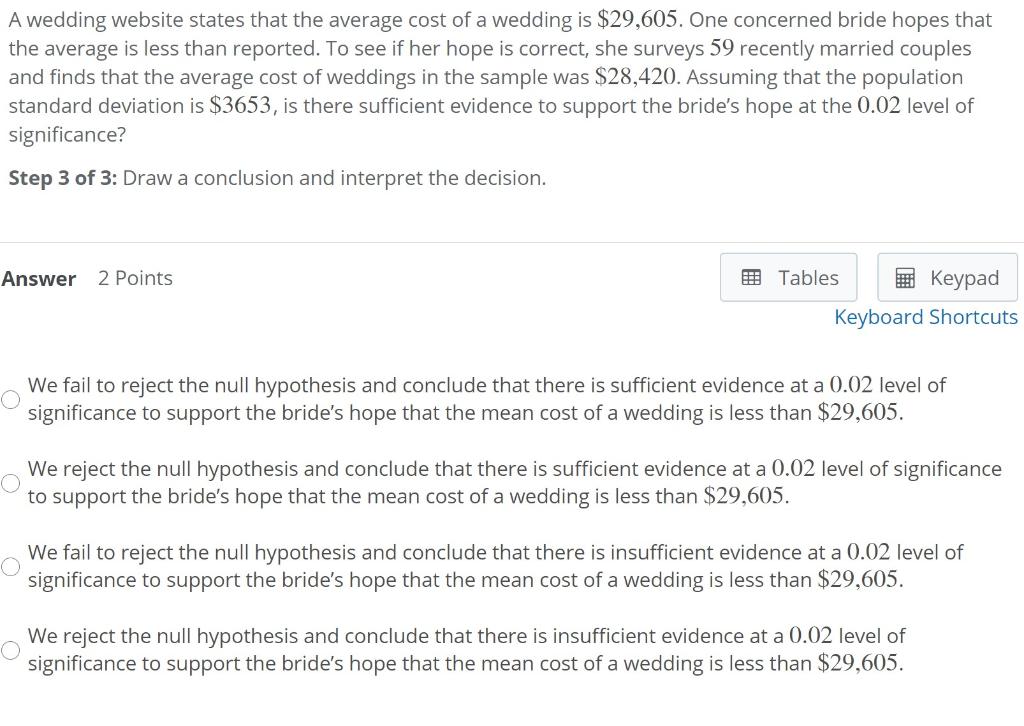 Solved A Wedding Website States That The Average Cost Of A Chegg