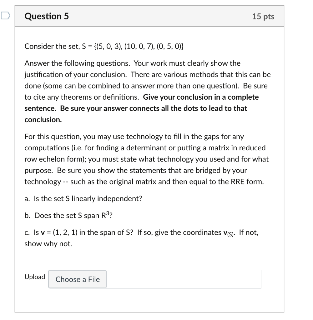 Solved D Question 5 15 pts Consider the set, S = : {(5, | Chegg.com