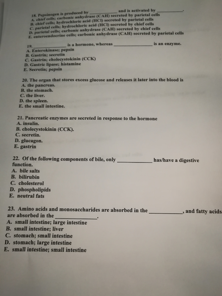 Solved and is activated by 18. Pepsinogen is produced by A.