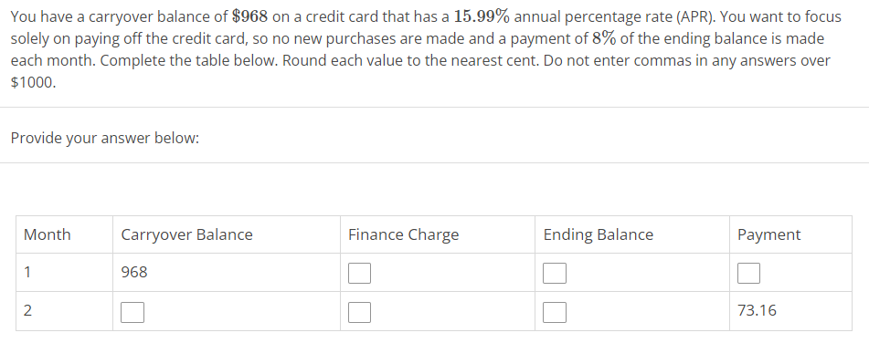 Solved You have a carryover balance of $968 on a credit card | Chegg.com