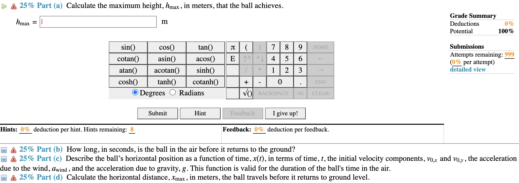 Solved (3\%) Problem 23: A golf ball is hit from ground | Chegg.com