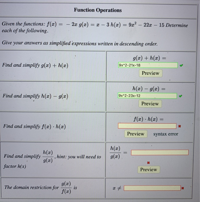 Solved Function Operations Given the functions: f(x) = each | Chegg.com