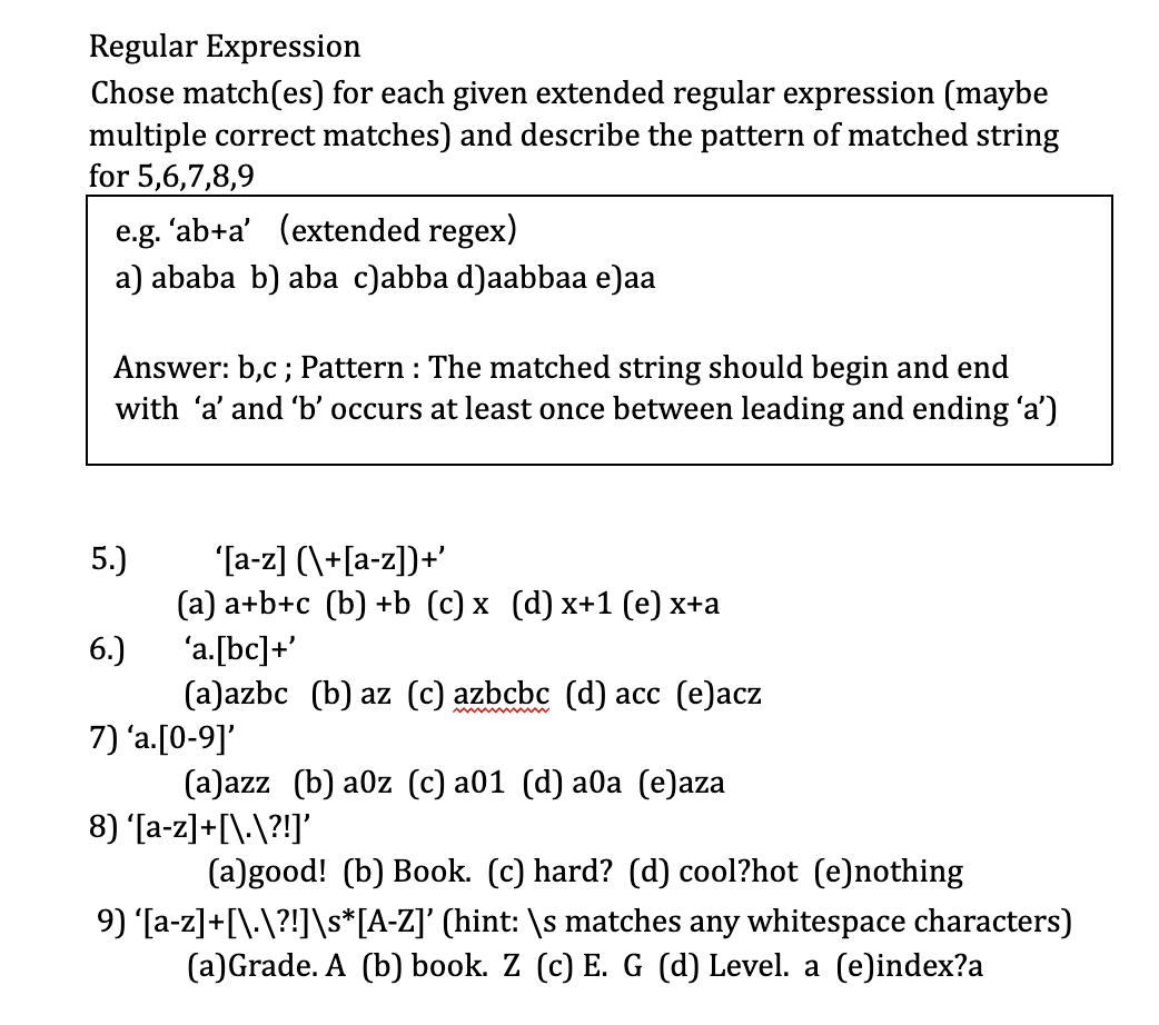 Solved Regular Expression Chose Match(es) For Each Given | Chegg.com