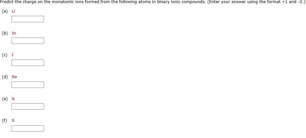 Predict the charge on the monatomic ions formed from the following atoms in binary ionic compounds. (Enter your answer using 