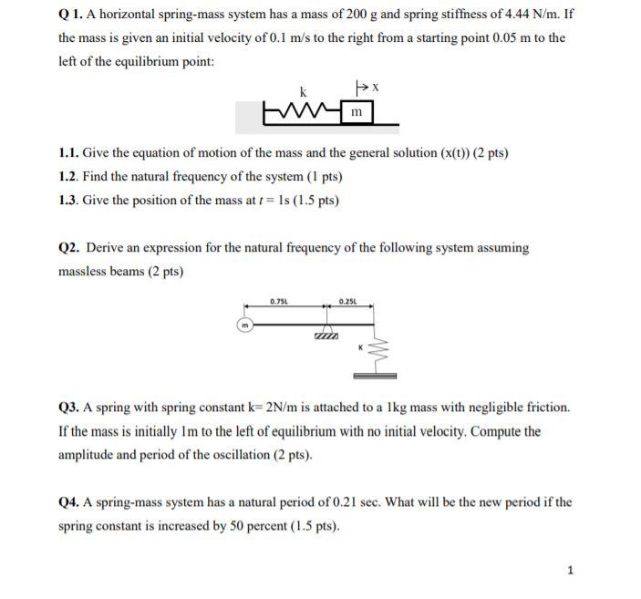 Solved Q1. A horizontal spring-mass system has a mass of 200 | Chegg.com