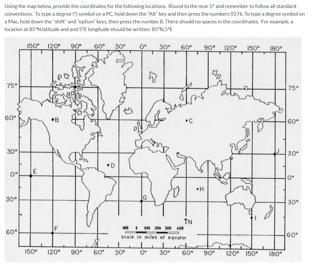 Solved Using the map below, provide the coordinates for the | Chegg.com