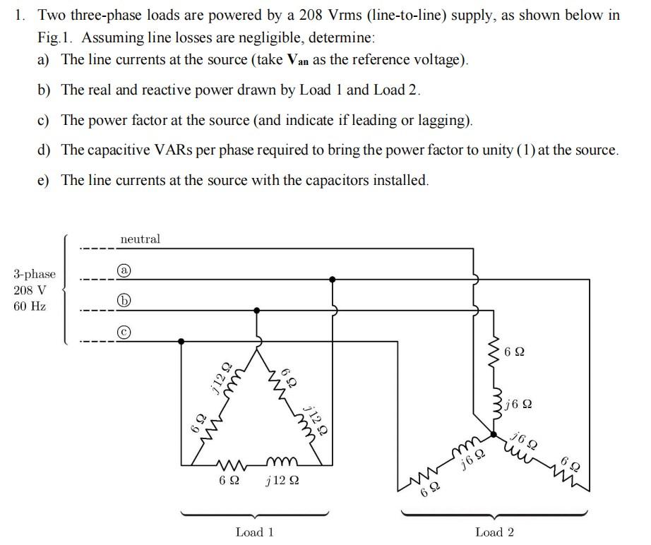 Solved 1. Two three-phase loads are powered by a 208 Vrms | Chegg.com