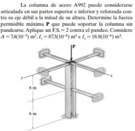 La columna de acero A992 puede considerarse articulada en sus partes superior e inferior y reforzada contra su eje débil a la