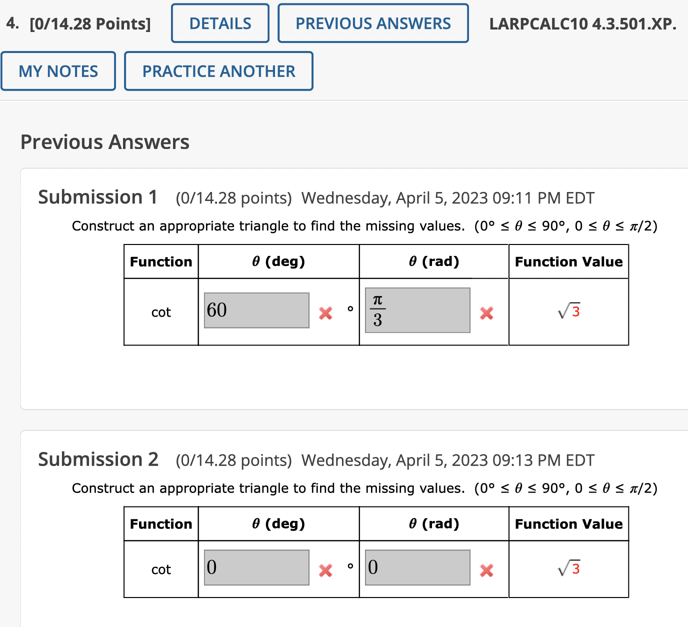 Previous Answers Submission 1 (0/14.28 points)