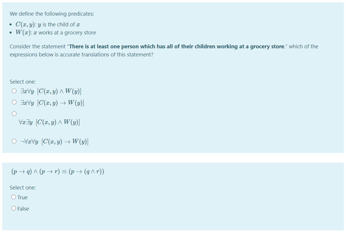 Solved We Define The Following Predicates C X Y Y Is Chegg Com