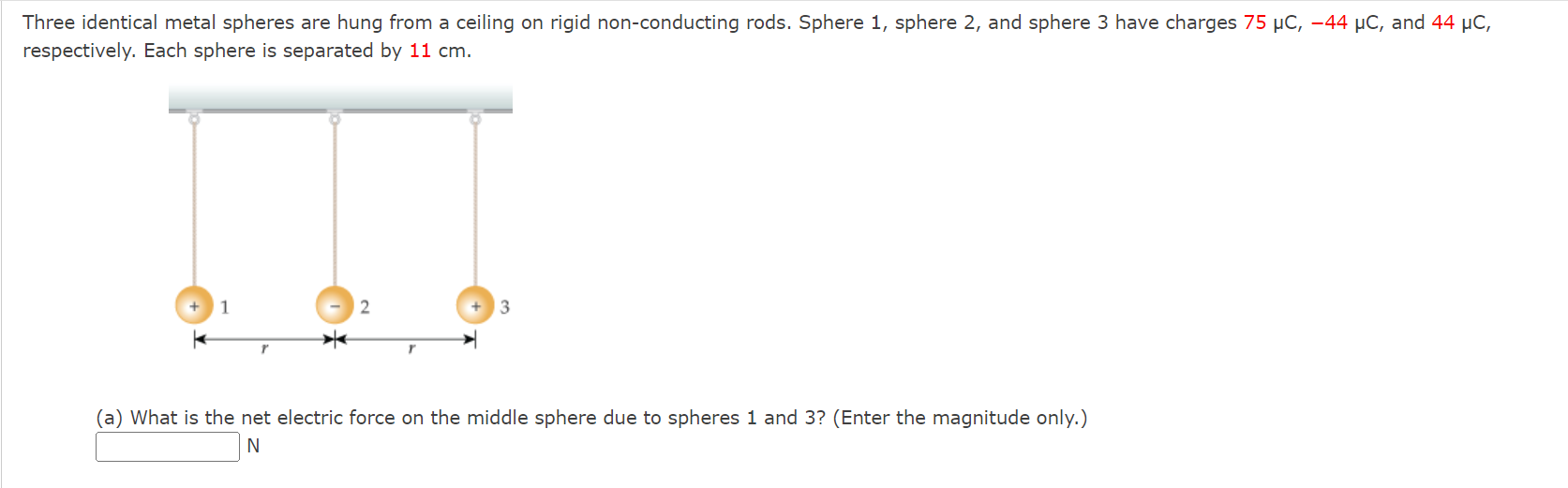 Solved Three identical metal spheres are hung from a ceiling
