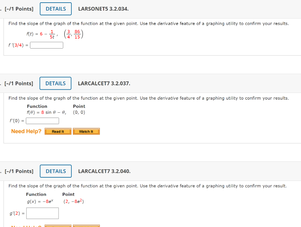 Solved [-/1 Points] LARSONET5 3.2.034. Find the slope of the | Chegg.com