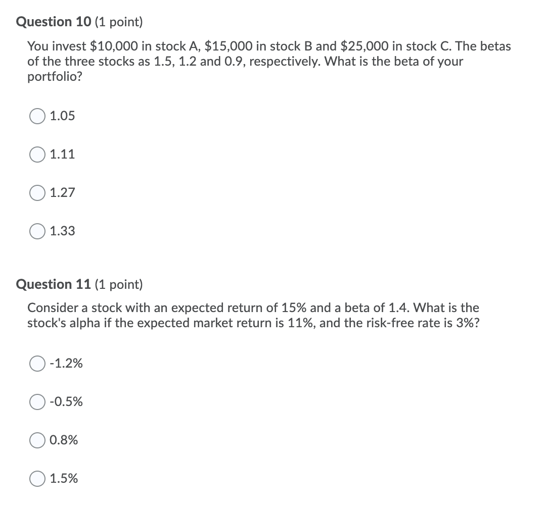 Solved Question 10 (1 Point) You Invest $10,000 In Stock A, | Chegg.com