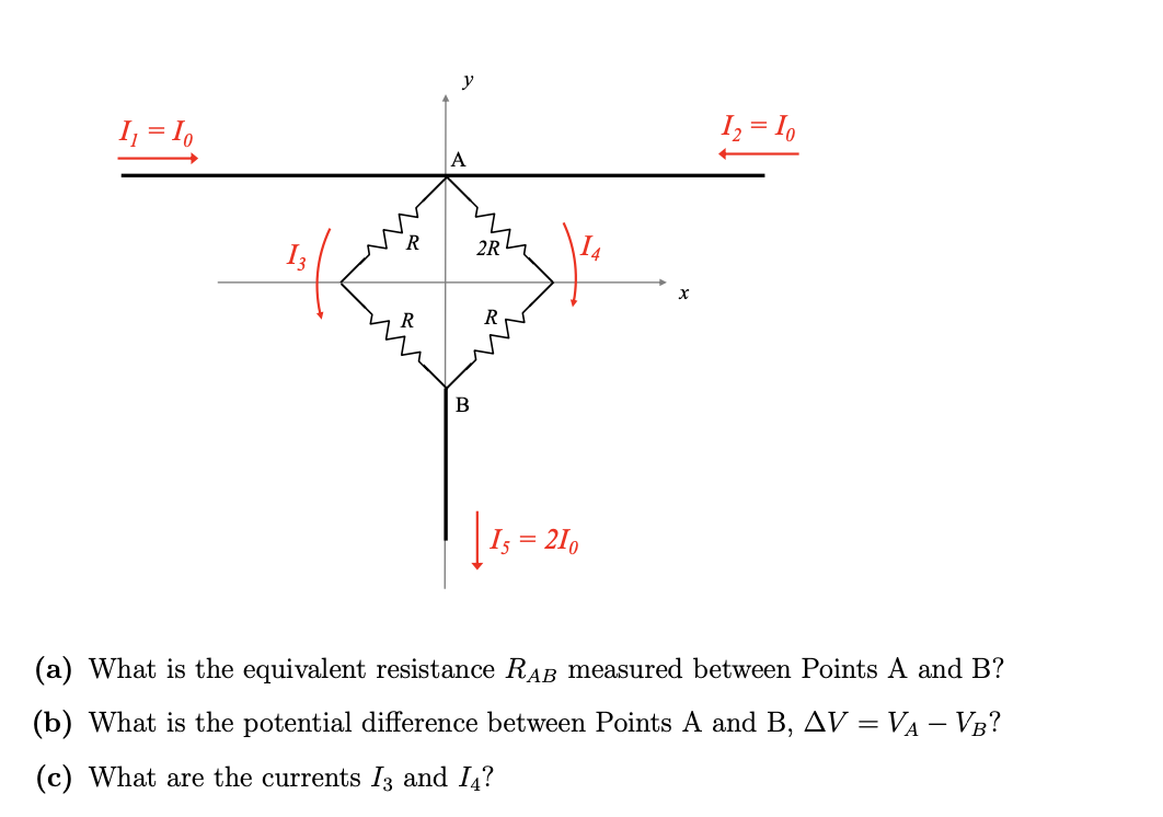 (a) What is the equivalent resistance \( R_{A B} \) measured between Points A and B?
(b) What is the potential difference bet