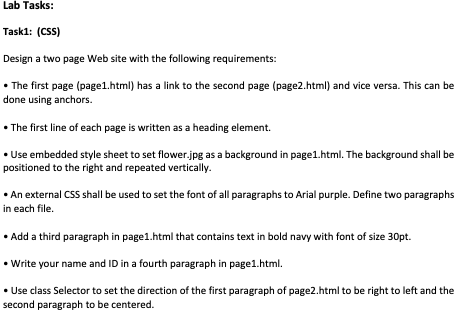 Solved Lab Tasks: Task1: (CSS) Design a two page Web site | Chegg.com