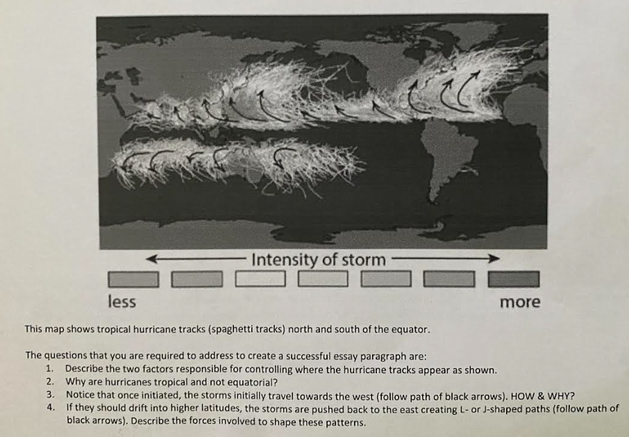 This map shows tropical hurricane tracks (spaghetti tracks) north and south of the equator.
The questions that you are requir