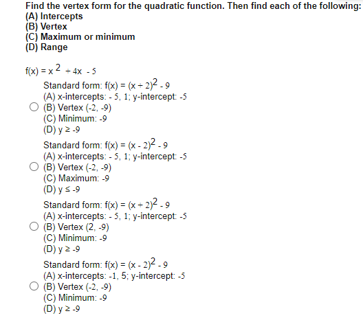Solved Find The Vertex Form For The Quadratic Function Then Chegg Com