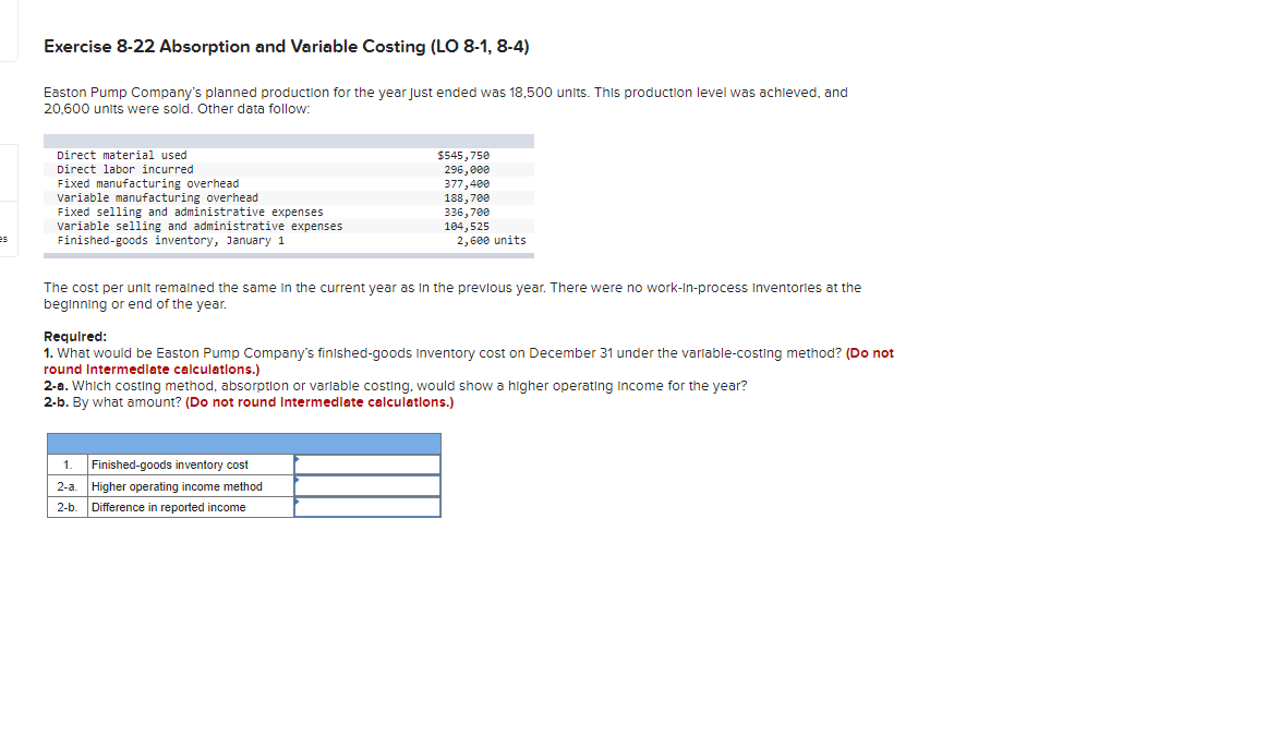 Solved Exercise 8-22 Absorption And Variable Costing (LO | Chegg.com