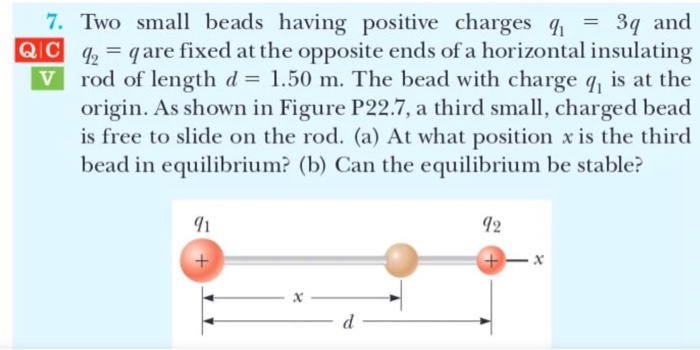 Solved 7. Two small beads having positive charges q = 39 and | Chegg.com
