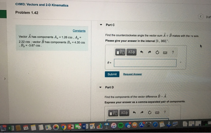 Solved KHW3: Vectors and 2-D Kinematics Problem 1.42 Find | Chegg.com