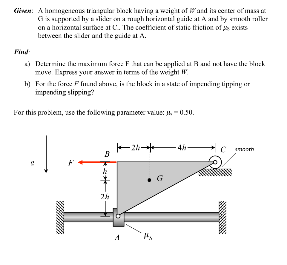 Solved Given: A homogeneous triangular block having a weight | Chegg.com