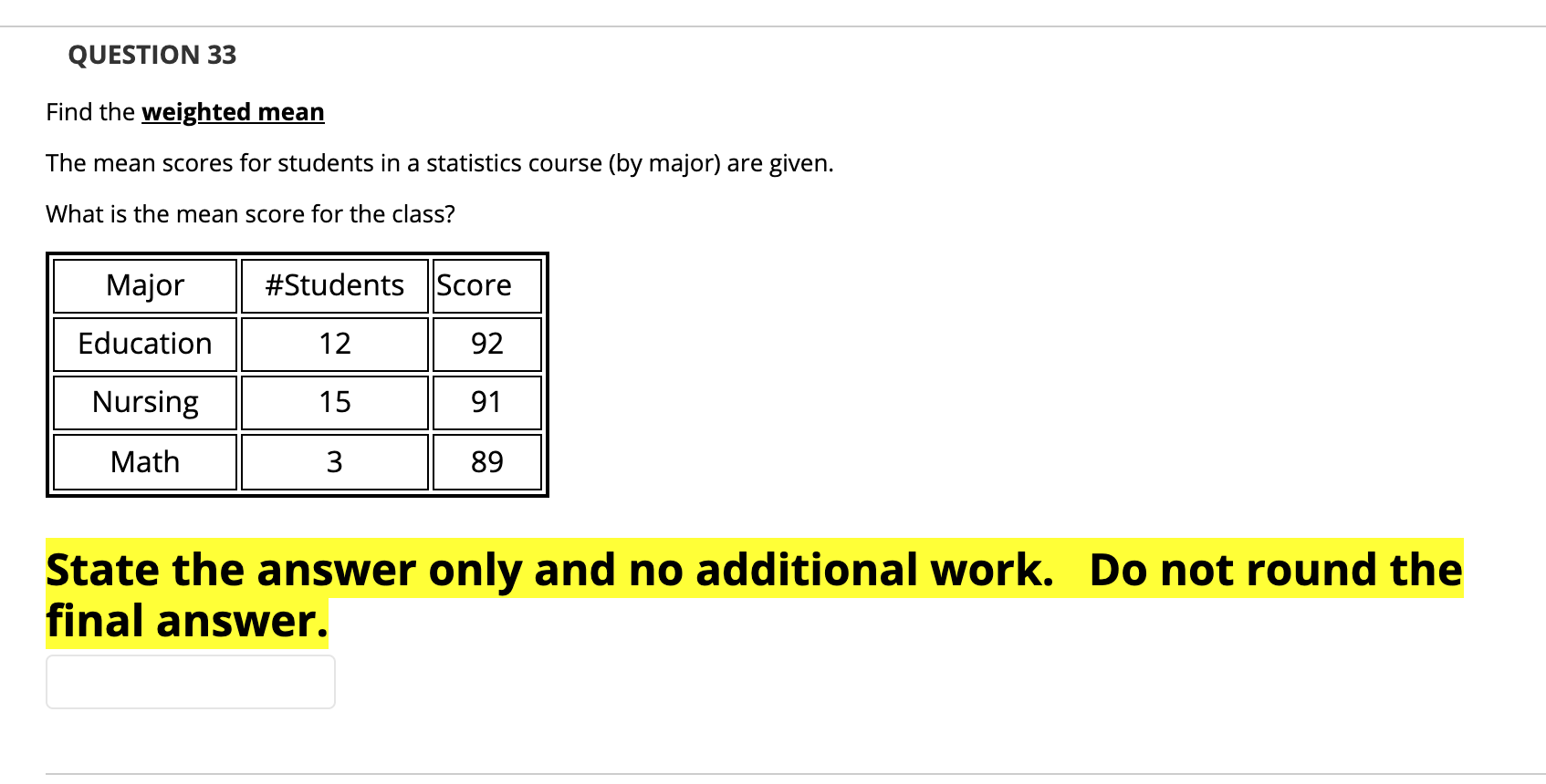 Solved QUESTION 33 Find the weighted mean The mean scores