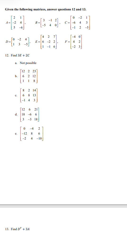 Solved Given the following matrices, answer questions 12 and | Chegg.com
