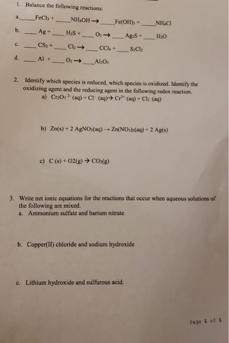 Solved 1. Balance the following reactions: FeClh + NH4OH a. | Chegg.com