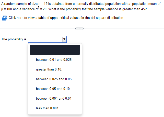 Solved A random sample of size n=19 is obtained from a | Chegg.com