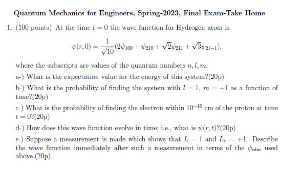 Solved Quantum Mechanics For Engineers, Spring-2023, Final | Chegg.com