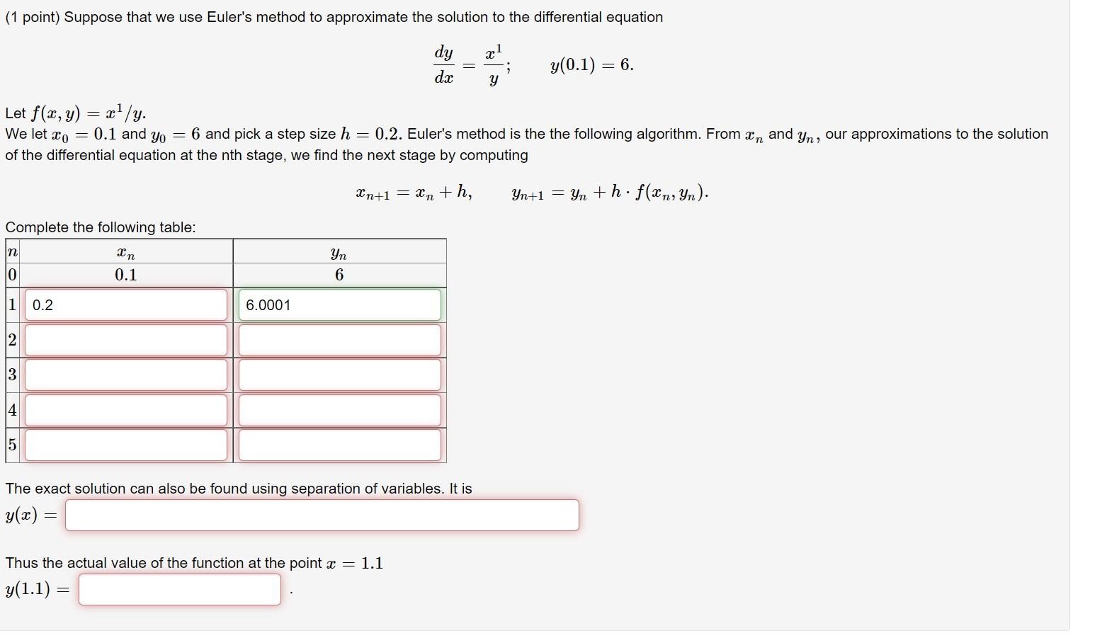 Solved (1 Point) Suppose That We Use Euler's Method To | Chegg.com