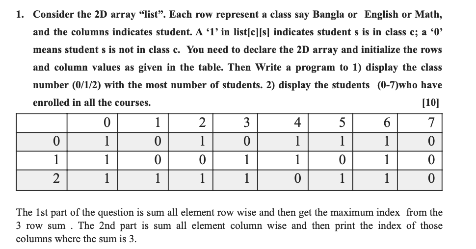 Solved 1. Consider the 2D array 