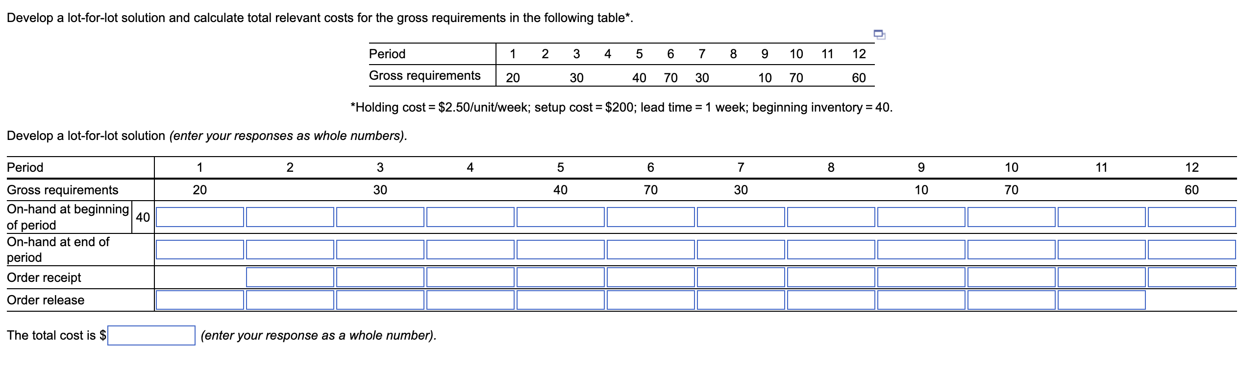 Solved Develop a lotforlot solution (enter your responses
