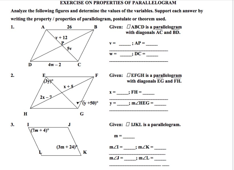 Solved EXERCISE ON PROPERTIES OF PARALLELOGRAM Analyze the | Chegg.com