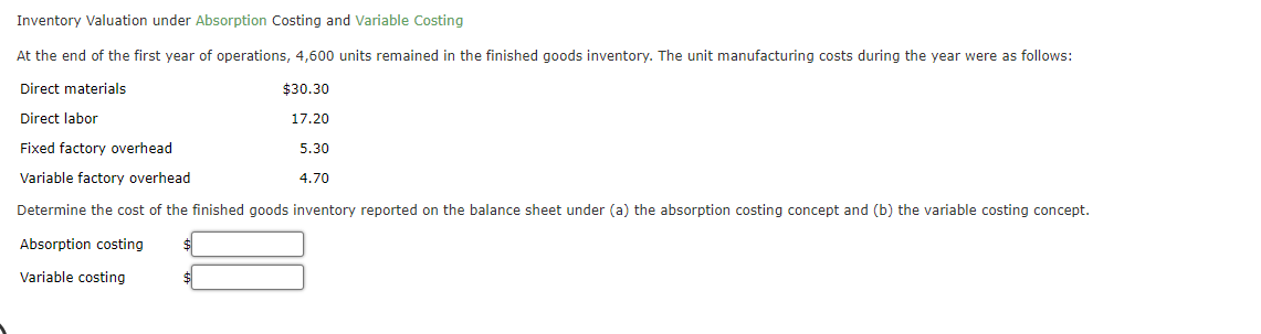 Solved Inventory Valuation Under Absorption Costing And | Chegg.com