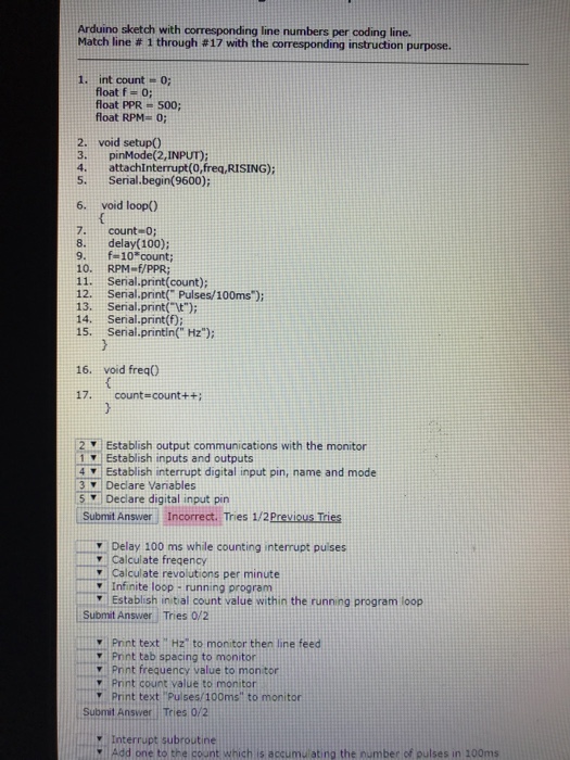 Solved Arduino sketch with corresponding line numbers per | Chegg.com
