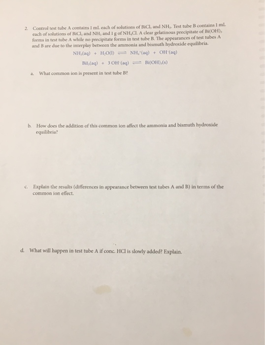 Solved Control test tube A contains 1 mL each of solutions