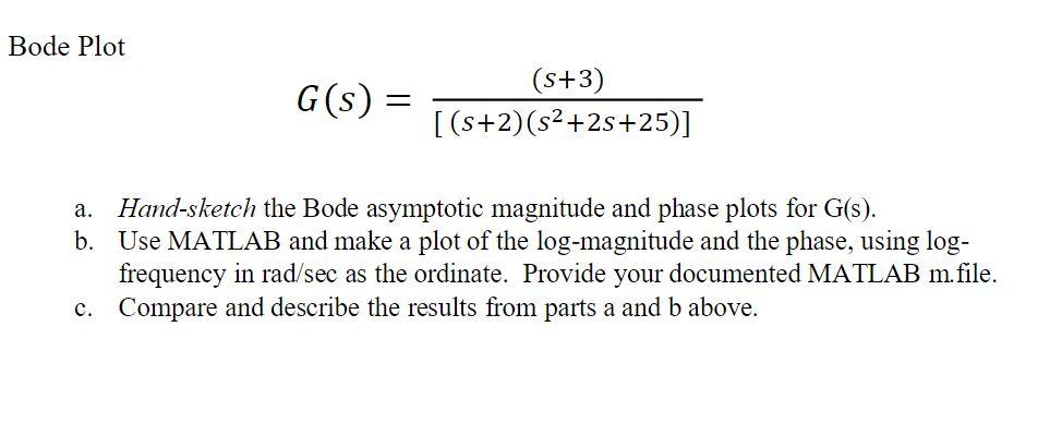 Bode Plot G(s)=[(s+2)(s2+2s+25)](s+3) a. Hand-sketch | Chegg.com