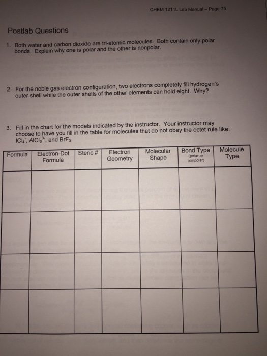 Solved CHEM 1211L Lab Manual- Page 75 Postlab Questions Both | Chegg.com