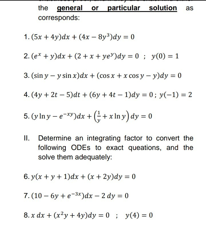 Solved Particular Solution As Corresponds 1 5x 4y Dx Chegg Com